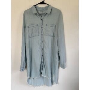Veveret Womens Light Wash Chambray High Low Frayed Hem Tunic Shirt Large